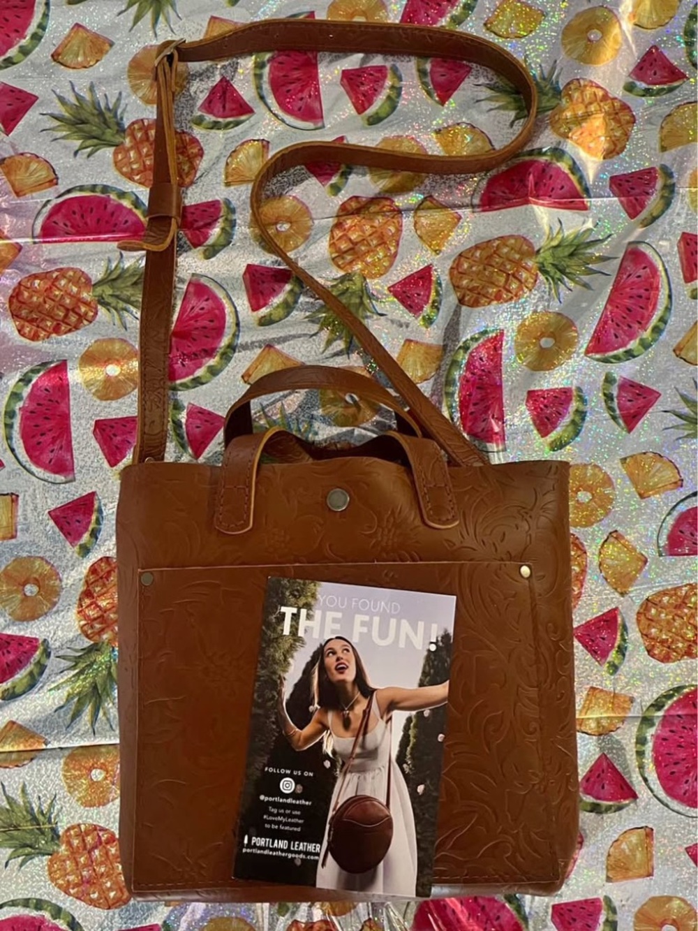 Portland Genuine Leather Brown Floral Embossed Crossbody Tote